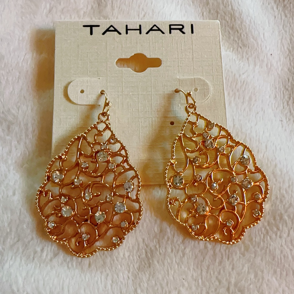 Tahari Drop Earrings Gold Tone Sliver Diamonds
